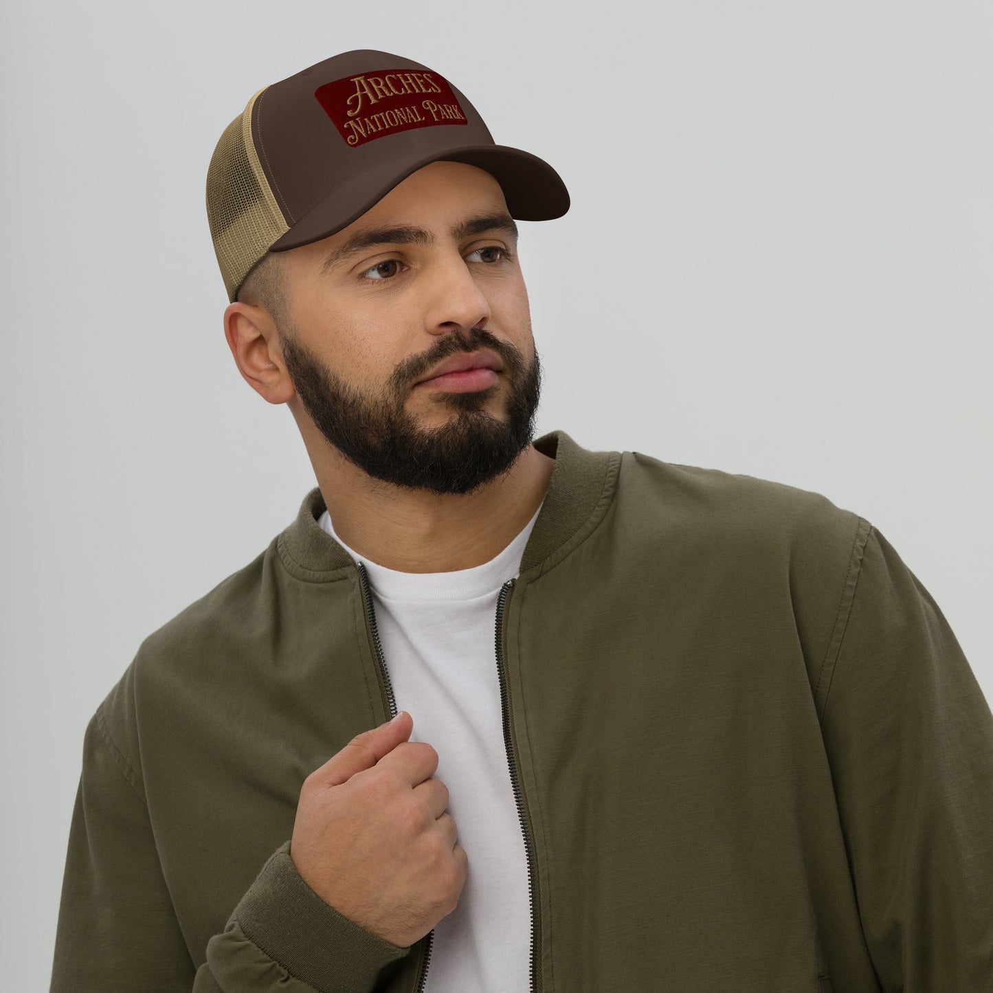 Arches embroidered National Park trucker hat shown from alternate product angle