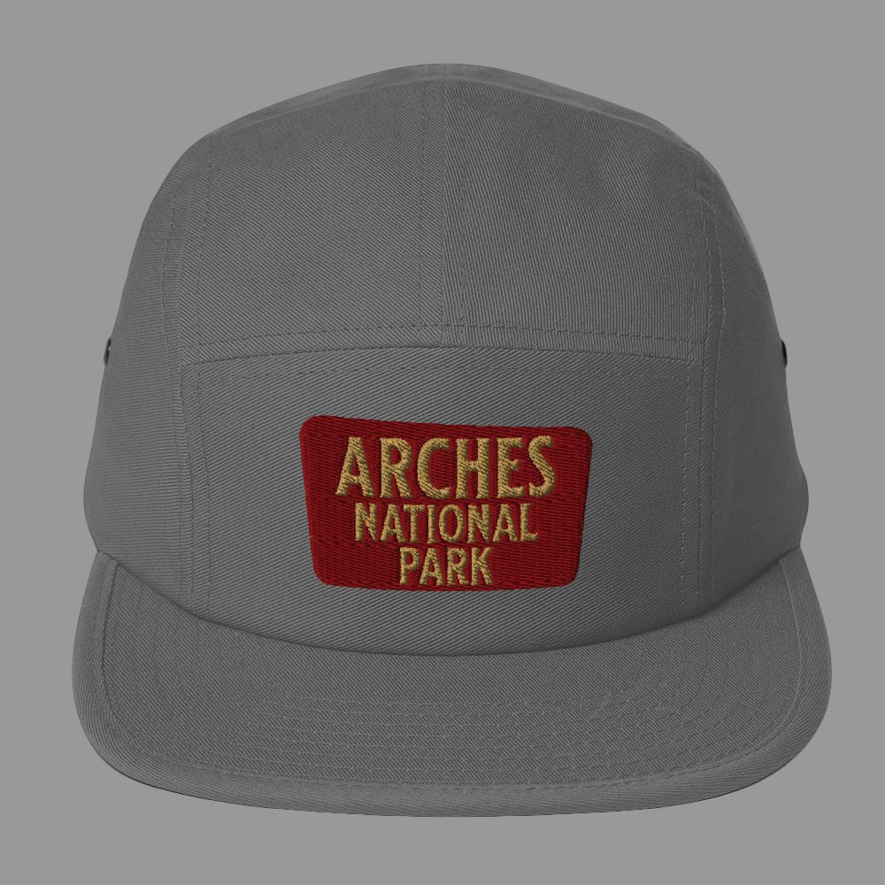 Arches National Park embroidered 5-panel hat shown in lifestyle or modeled setting