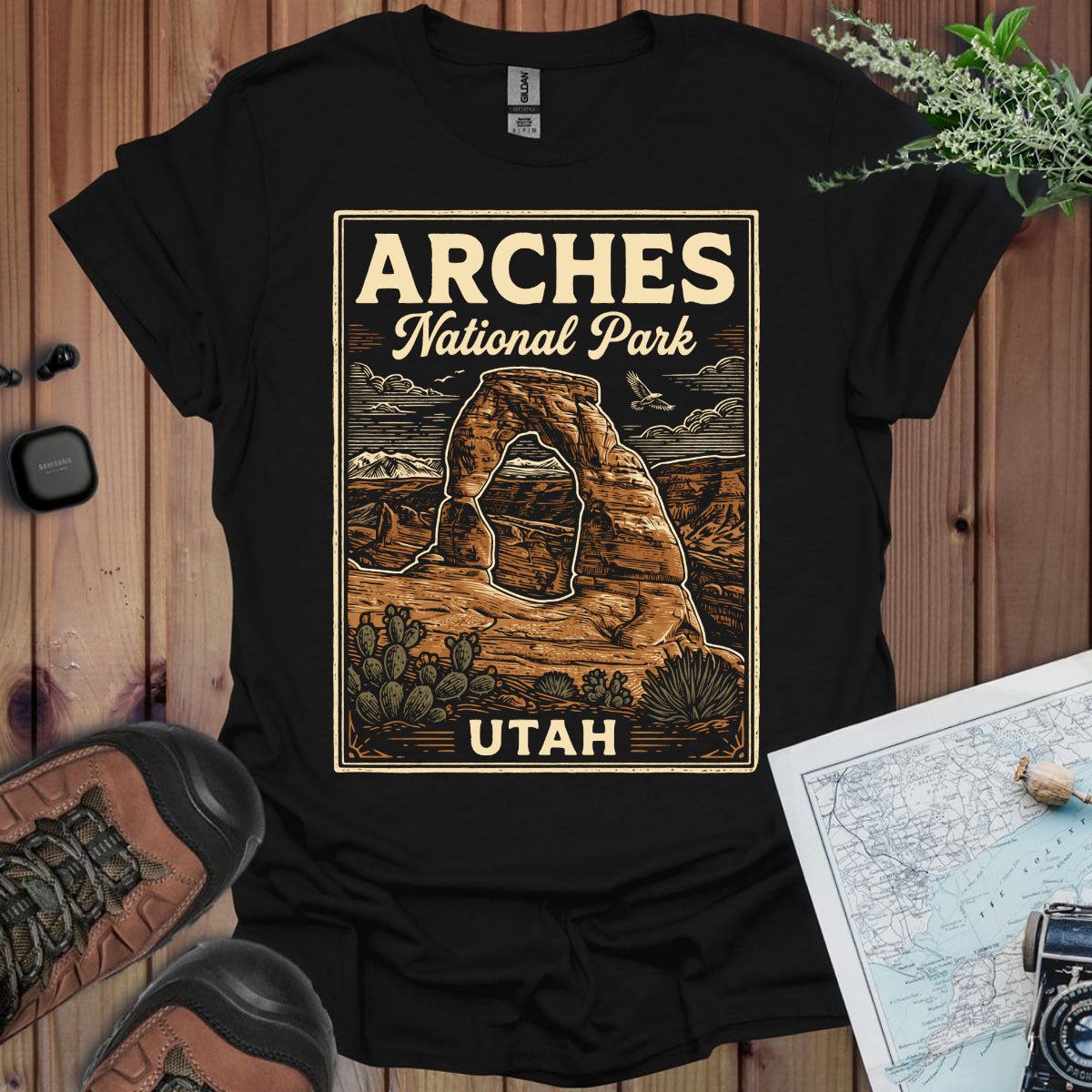 Arches National Park poster graphic t-shirt shown in lifestyle or modeled setting
