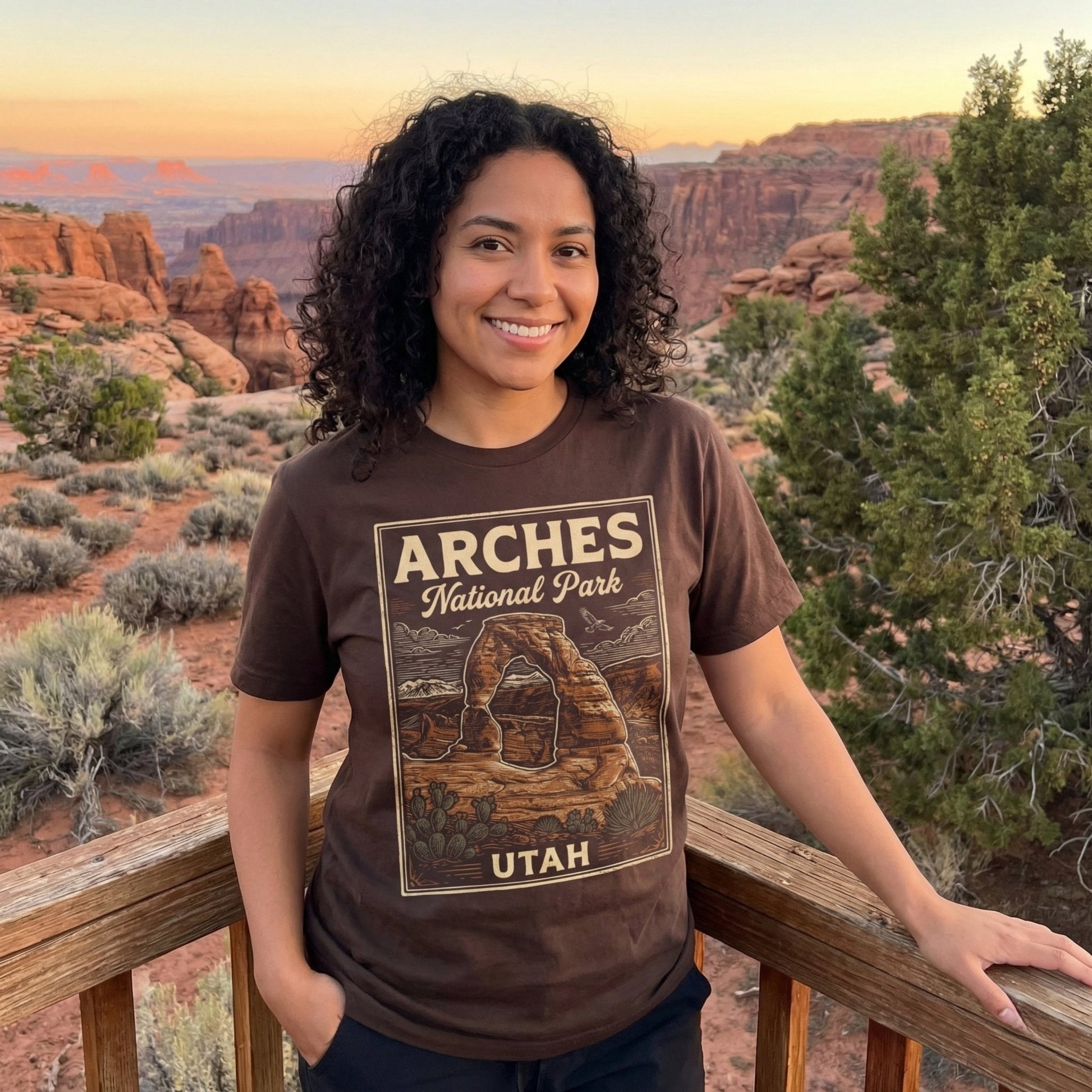 Arches National Park poster graphic t-shirt shown in lifestyle or modeled setting