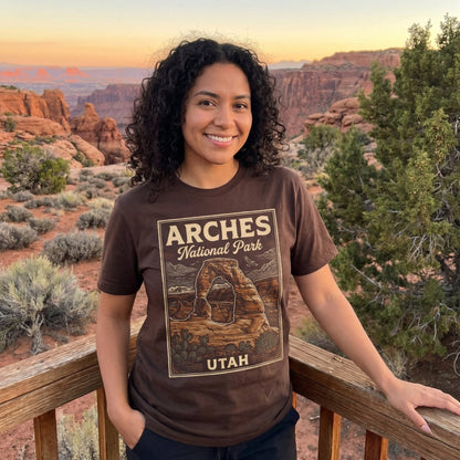 Arches National Park poster graphic t-shirt shown in lifestyle or modeled setting