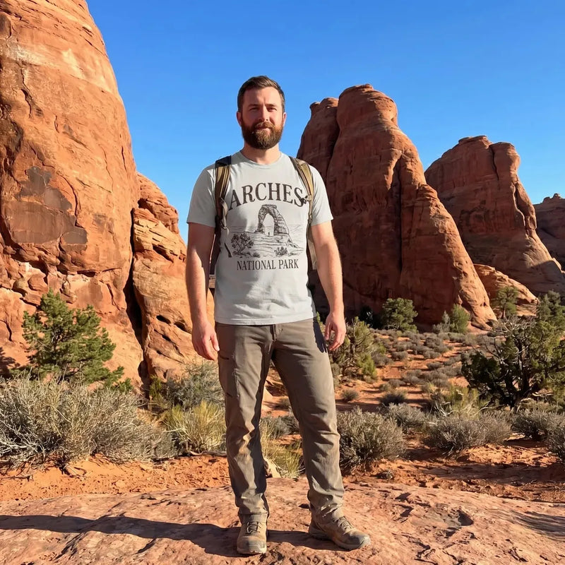 Arches National Park rustic graphic t-shirt shown in lifestyle or modeled setting