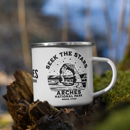 Arches National Park Seek The Stars durable enamel camp mug shown from alternate product angle