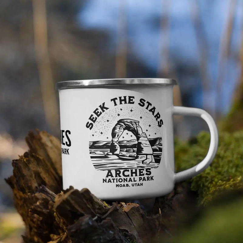 Arches National Park Seek The Stars durable enamel camp mug shown from alternate product angle