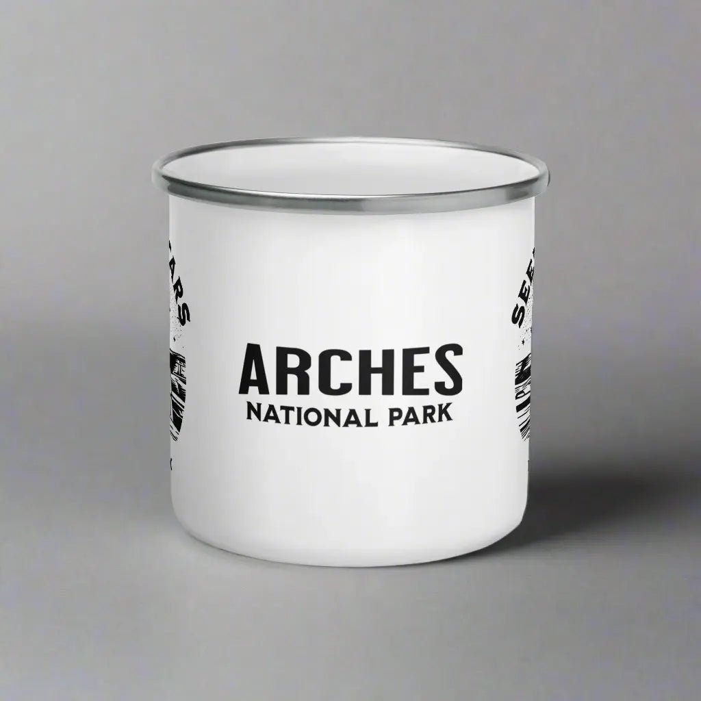 Arches National Park Seek The Stars durable enamel camp mug shown from alternate product angle