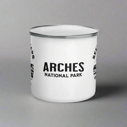 Arches National Park Seek The Stars durable enamel camp mug shown from alternate product angle