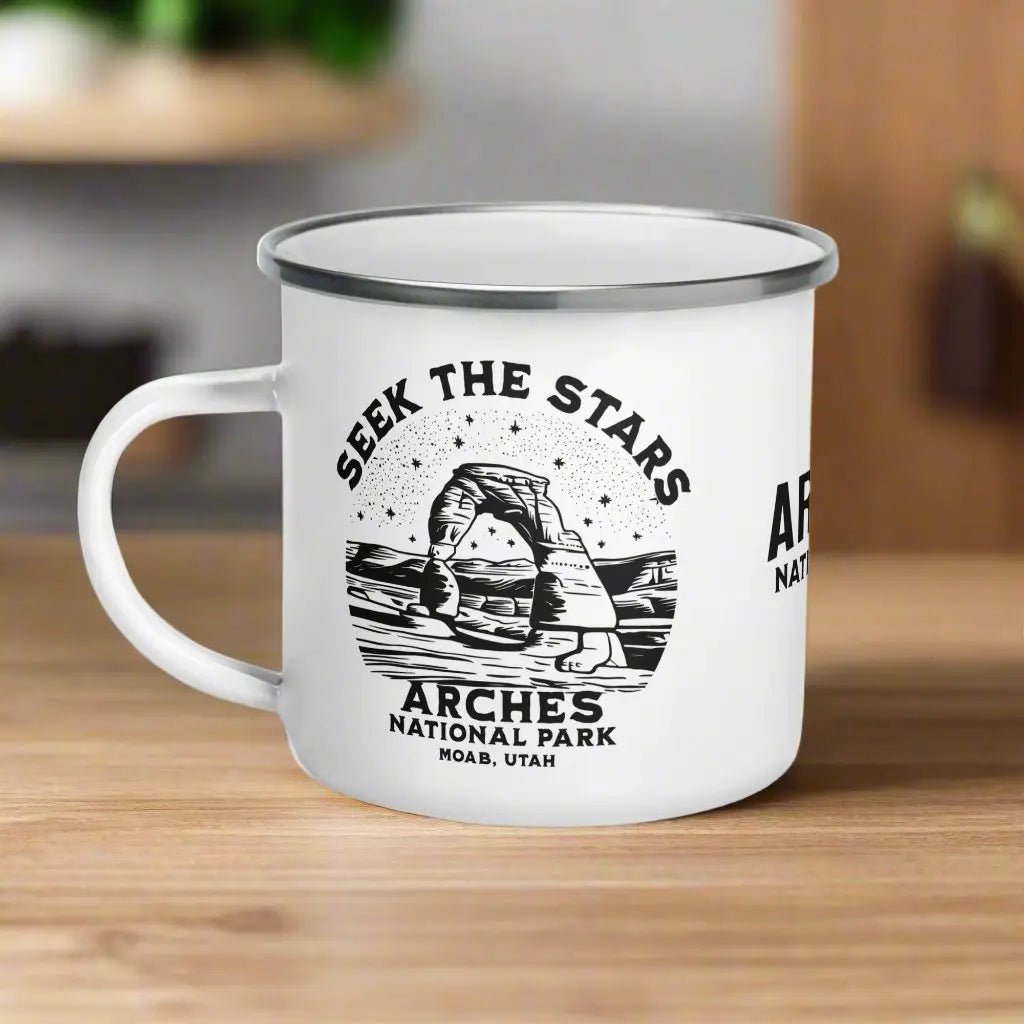 Arches National Park Seek The Stars durable enamel camp mug showing design detail or product variation