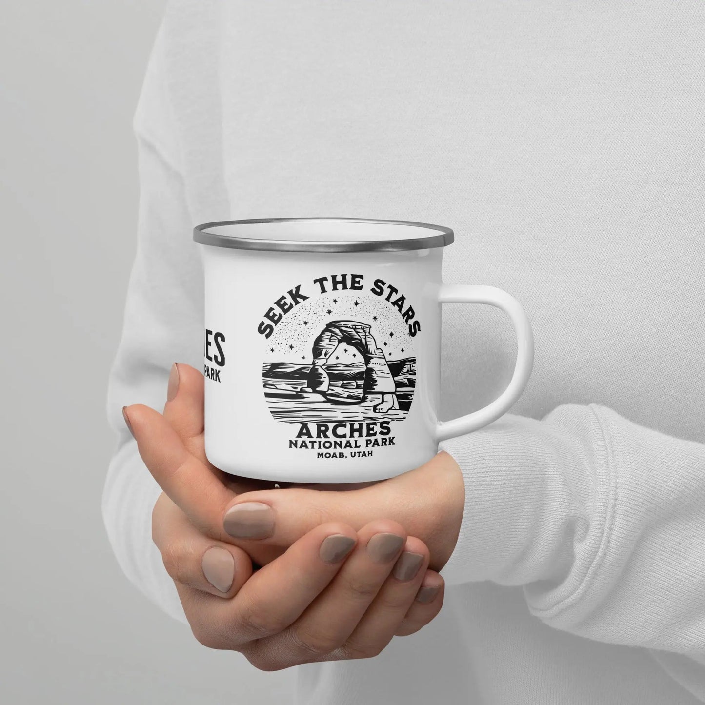 Arches National Park Seek The Stars durable enamel camp mug showing design detail or product variation