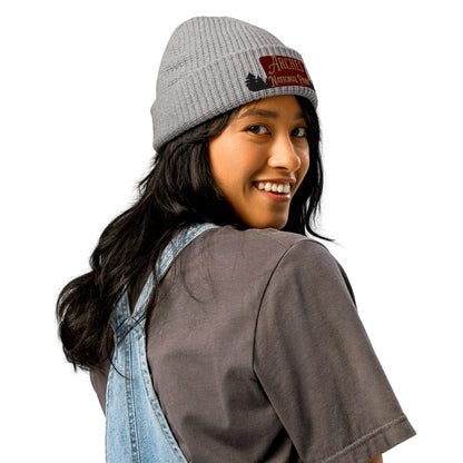 Arches National Park sign embroidered beanie shown from alternate product angle
