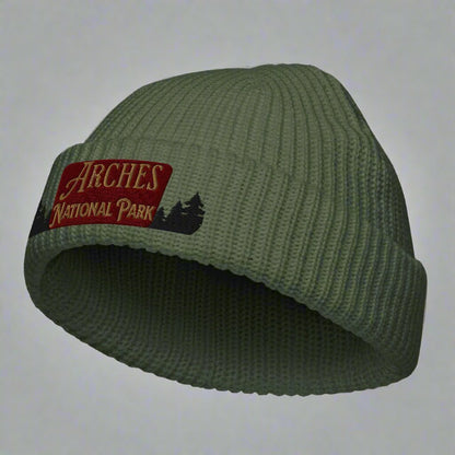 Arches National Park sign embroidered beanie shown in lifestyle or modeled setting