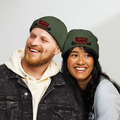 Arches National Park sign embroidered beanie shown from alternate product angle