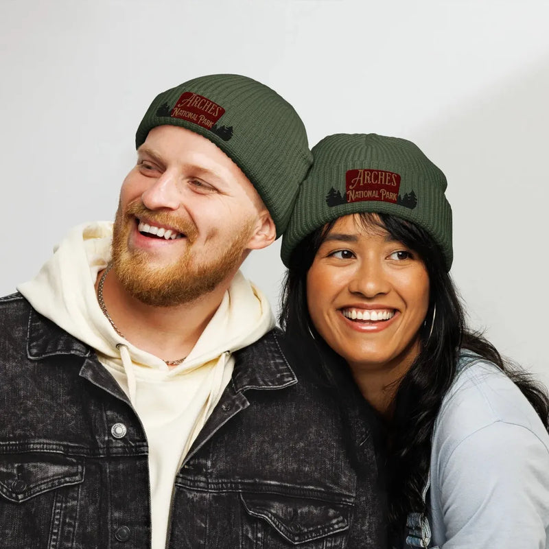 Arches National Park sign embroidered beanie shown from alternate product angle