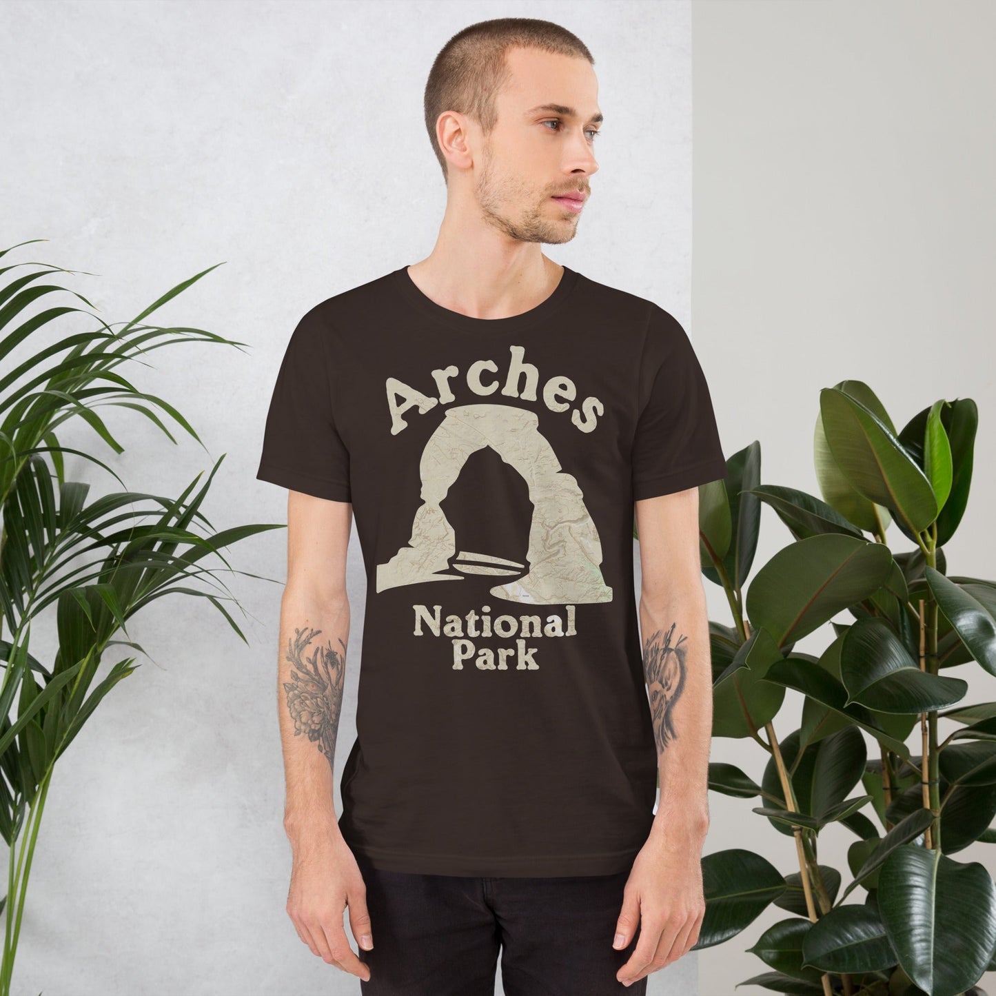 Arches National Park topo t-shirt shown in lifestyle or modeled setting