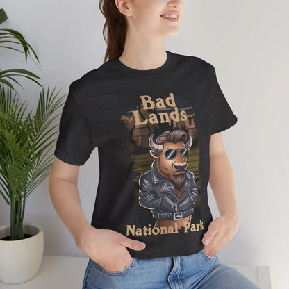 Bad Buffalo Badlands National Park graphic t-shirt shown in lifestyle or modeled setting
