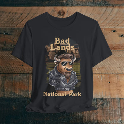Bad Buffalo Badlands National Park graphic t-shirt shown in lifestyle or modeled setting