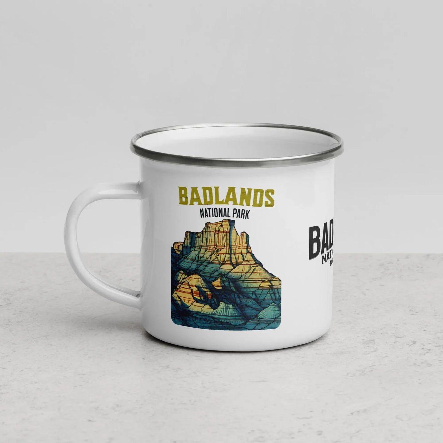 Badlands National Park durable enamel camp mug showing design detail or product variation