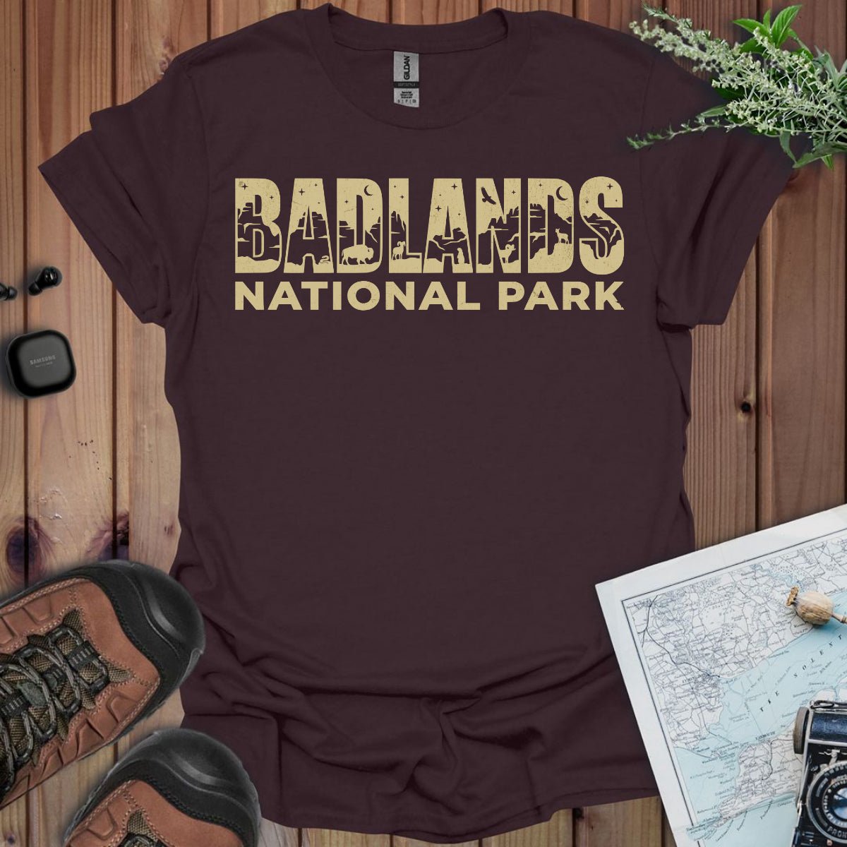 Badlands National Park graphic typography t-shirt shown in lifestyle or modeled setting