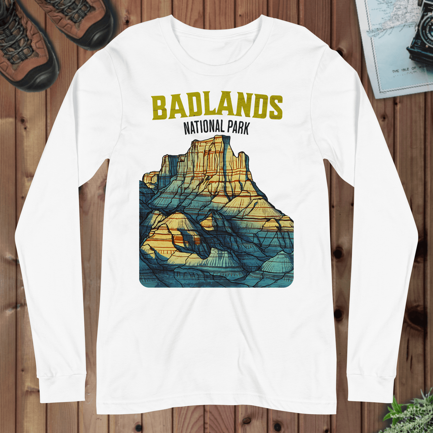 Badlands National Park long sleeve t-shirt shown in lifestyle or modeled setting