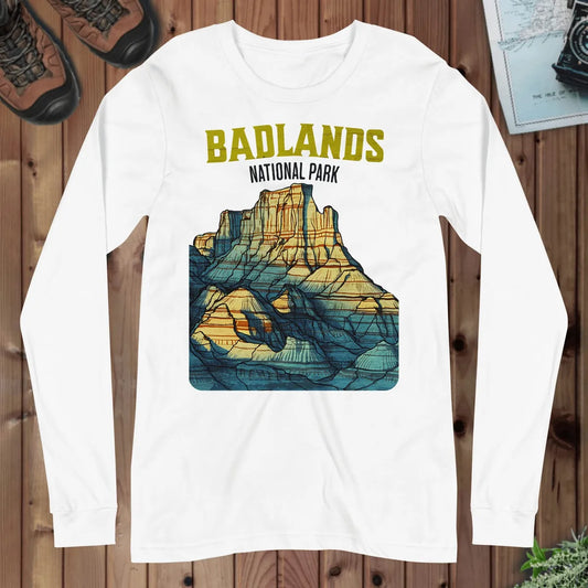 Badlands National Park long sleeve t-shirt shown in lifestyle or modeled setting