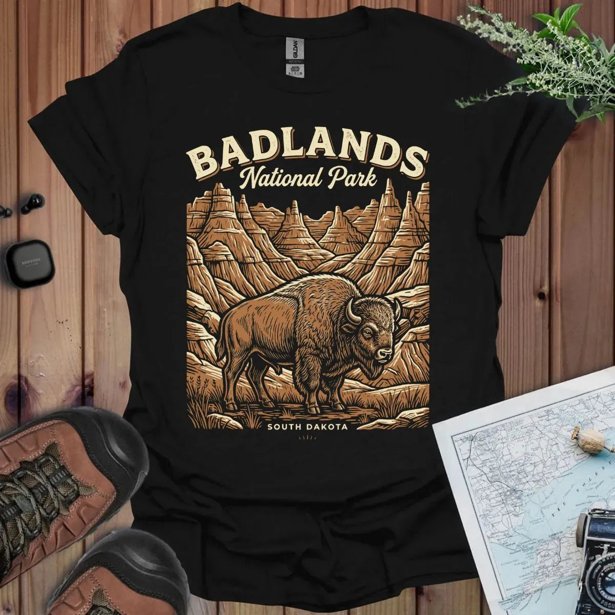 Badlands National Park poster graphic t-shirt shown in lifestyle or modeled setting