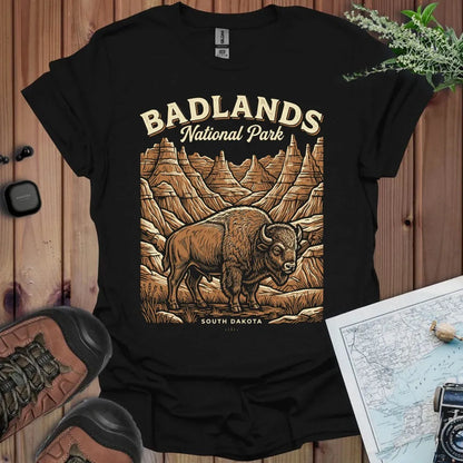Badlands National Park poster graphic t-shirt shown in lifestyle or modeled setting