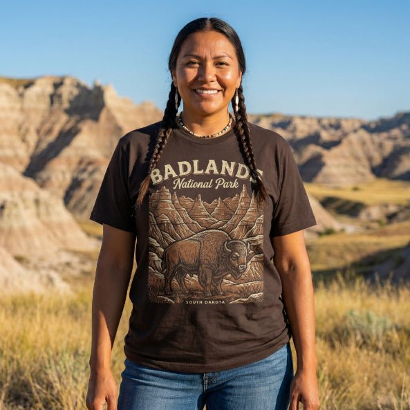 Badlands National Park poster graphic t-shirt shown in lifestyle or modeled setting