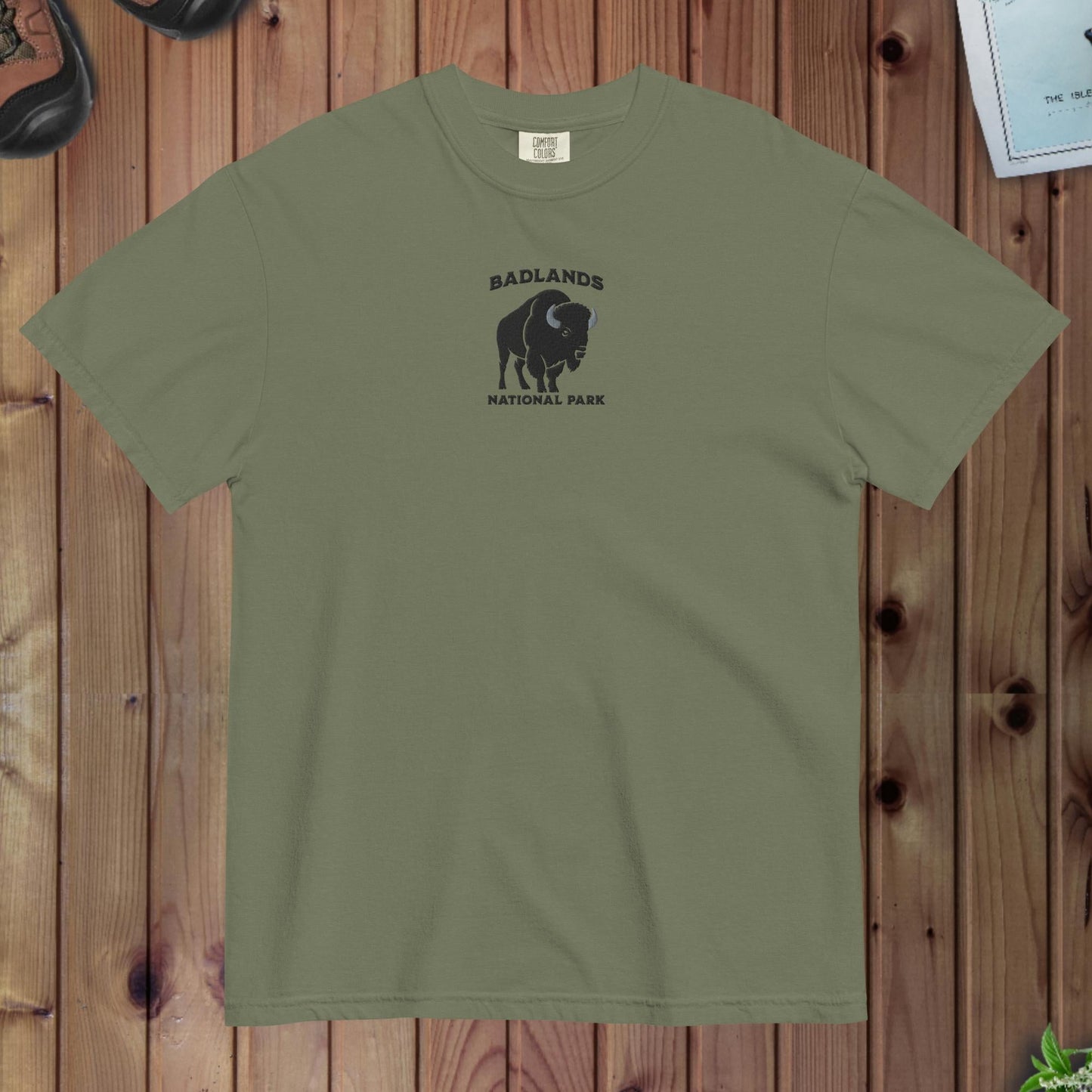 Badlands National Park premium embroidered t-shirt shown in lifestyle or modeled setting