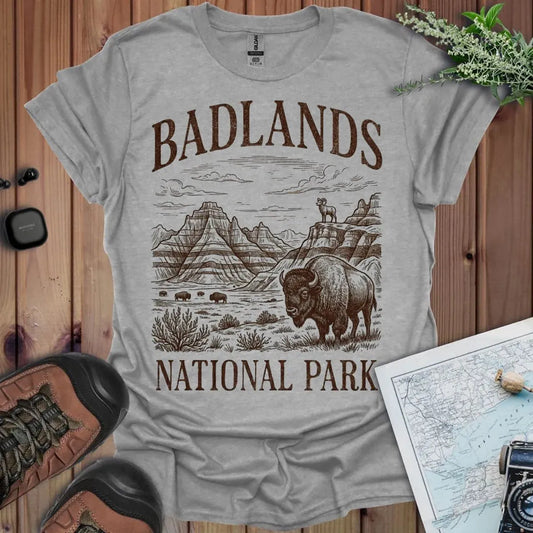 Badlands National Park rustic graphic t-shirt shown in lifestyle or modeled setting