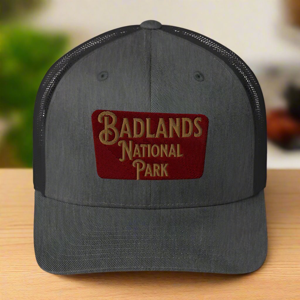 Badlands National Park sign embroidered trucker hat detail or alternate product view