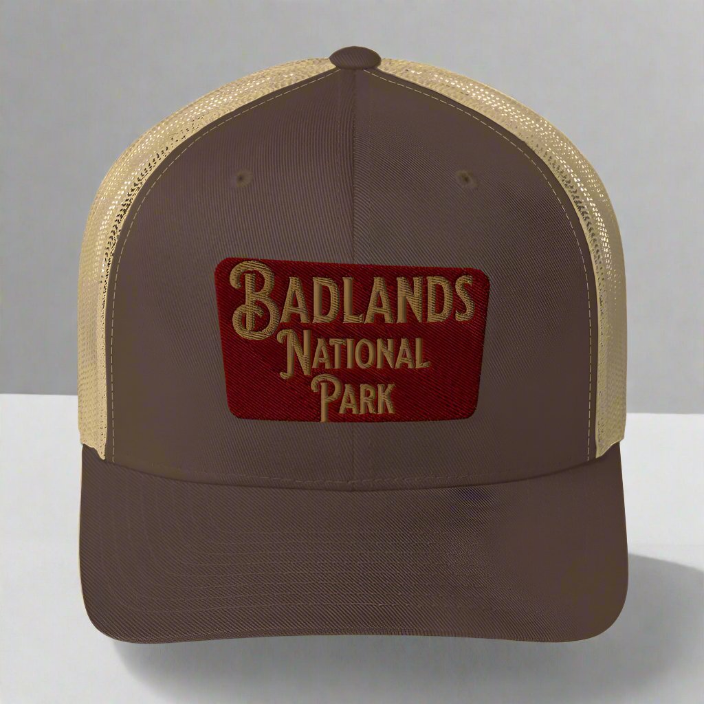 Badlands National Park sign embroidered trucker hat shown from alternate product angle