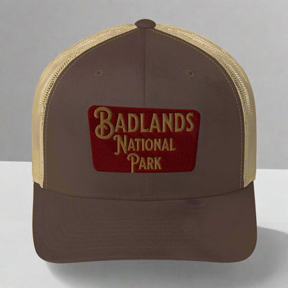 Badlands National Park sign embroidered trucker hat shown from alternate product angle