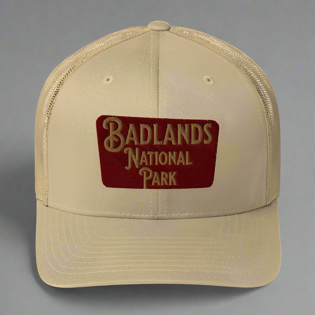 Badlands National Park sign embroidered trucker hat shown in lifestyle or modeled setting