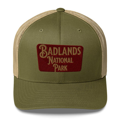 Badlands National Park sign embroidered trucker hat shown from alternate product angle