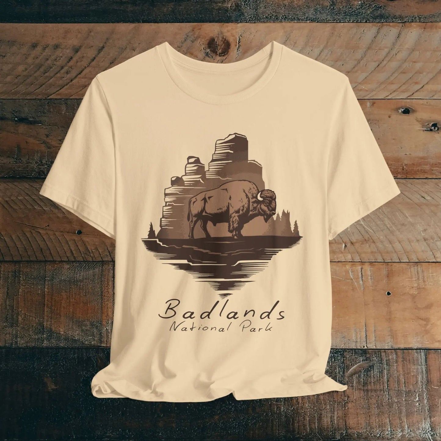 Badlands National Park roaming buffalo graphic t-shirt shown in lifestyle or modeled setting