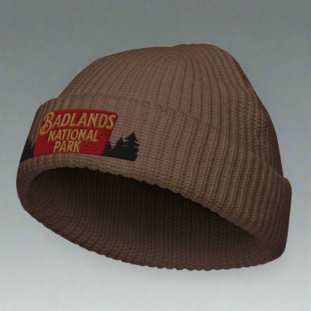 Badlands National Park embroidered wharf fisherman style beanie shown from alternate product angle