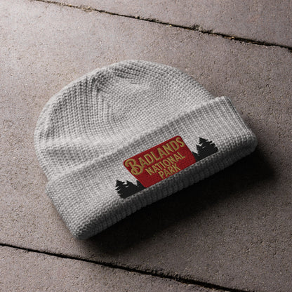 Badlands National Park embroidered wharf fisherman style beanie shown in lifestyle or modeled setting