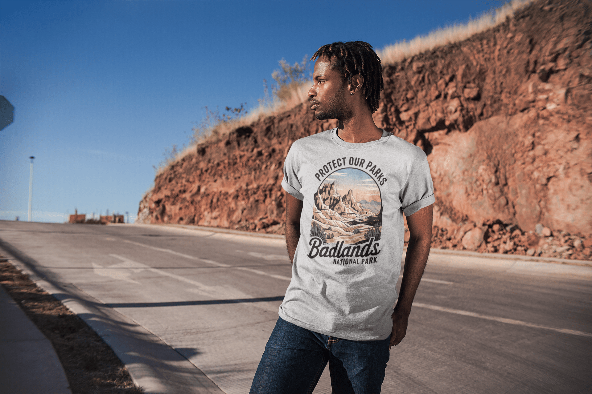 Badlands Protect Our Parks vintage graphic t-shirt shown in lifestyle or modeled setting