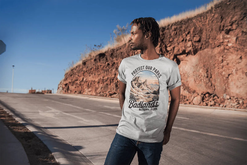Badlands Protect Our Parks vintage graphic t-shirt shown in lifestyle or modeled setting