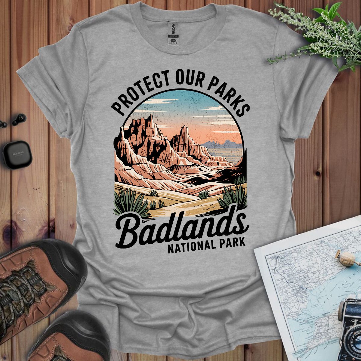 Badlands Protect Our Parks vintage graphic t-shirt detail or alternate product view