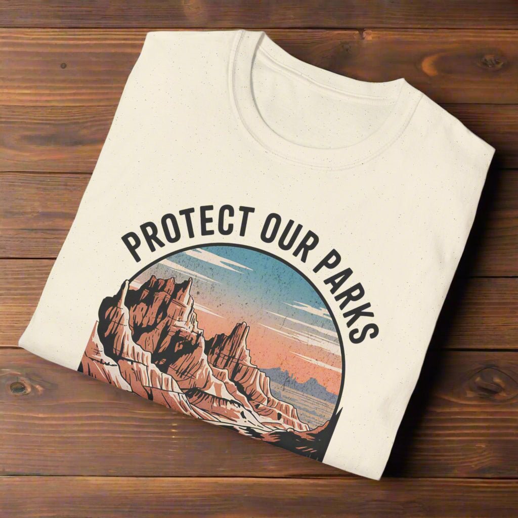 Badlands Protect Our Parks vintage graphic t-shirt shown in lifestyle or modeled setting