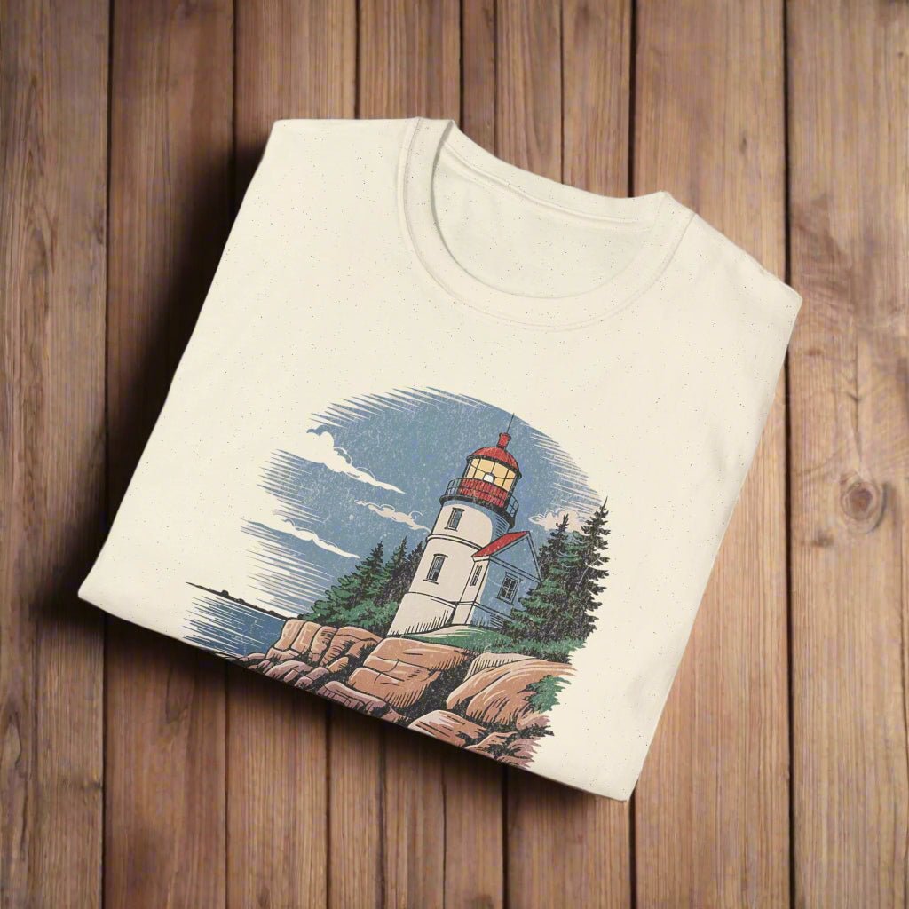 Bass Harbor Head Lighthouse Acadia graphic t-shirt shown in lifestyle or modeled setting