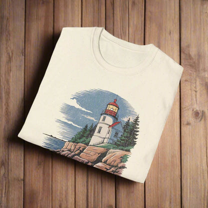 Bass Harbor Head Lighthouse Acadia graphic t-shirt shown in lifestyle or modeled setting