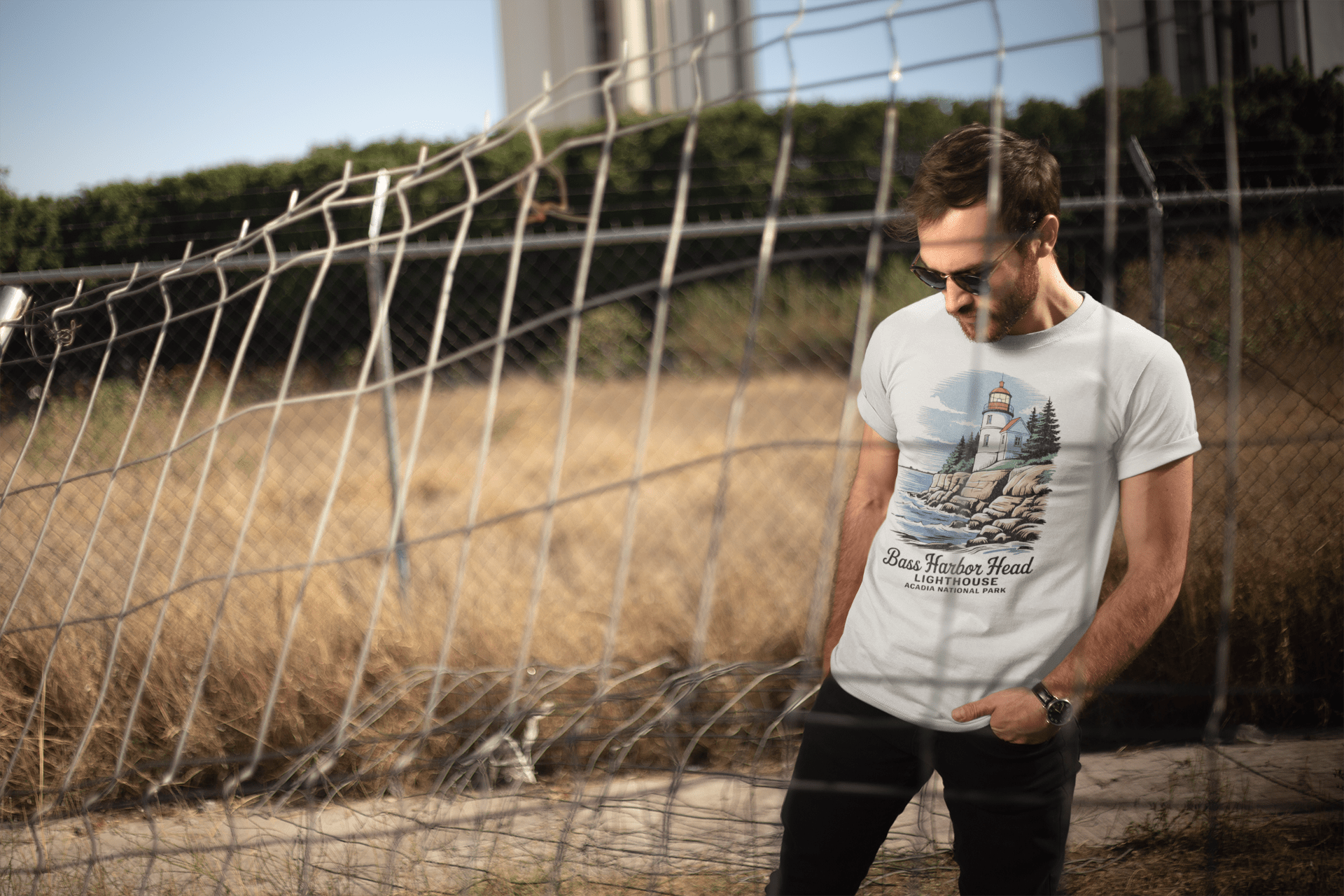 Bass Harbor Head Lighthouse Acadia graphic t-shirt shown in lifestyle or modeled setting
