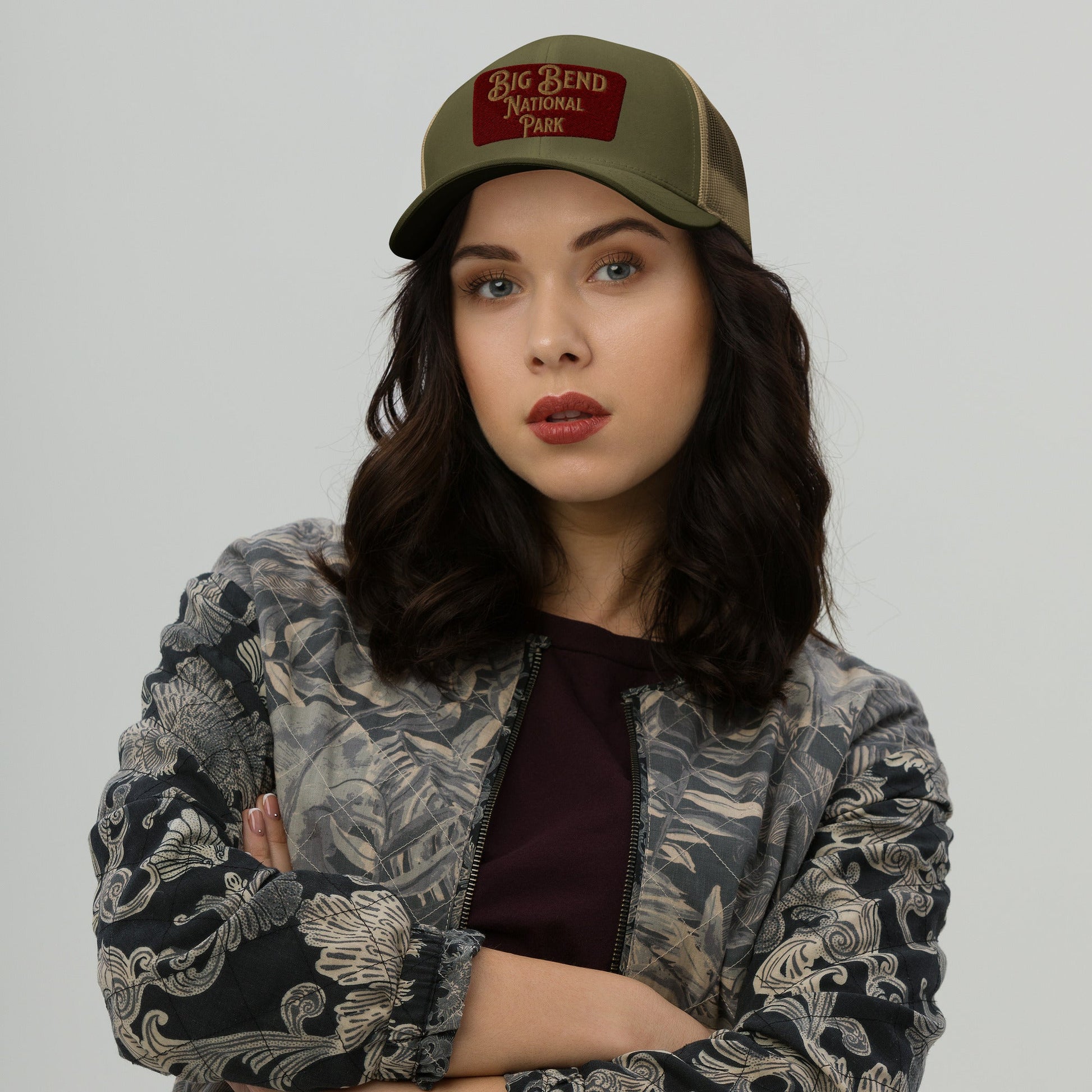 Big Bend embroidered National Park sign trucker hat detail or alternate product view