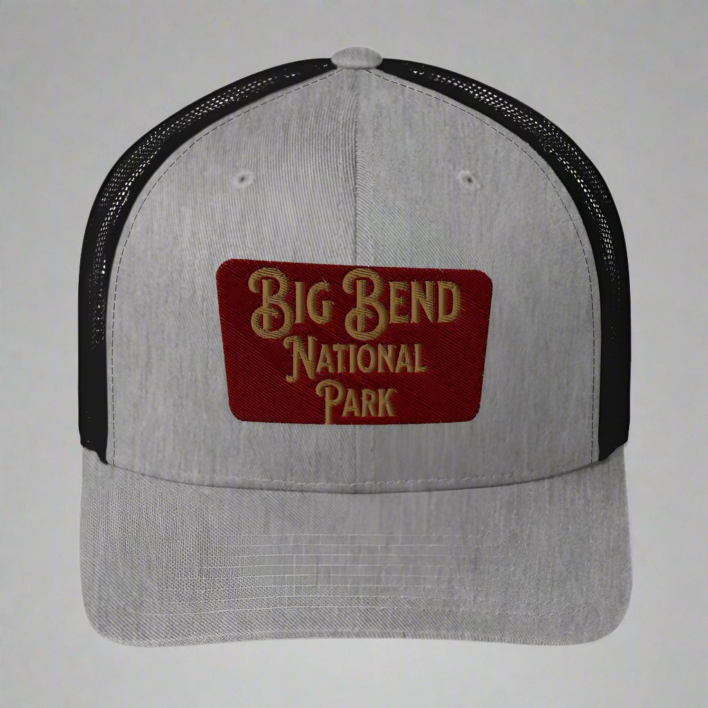 Big Bend embroidered National Park sign trucker hat shown in lifestyle or modeled setting
