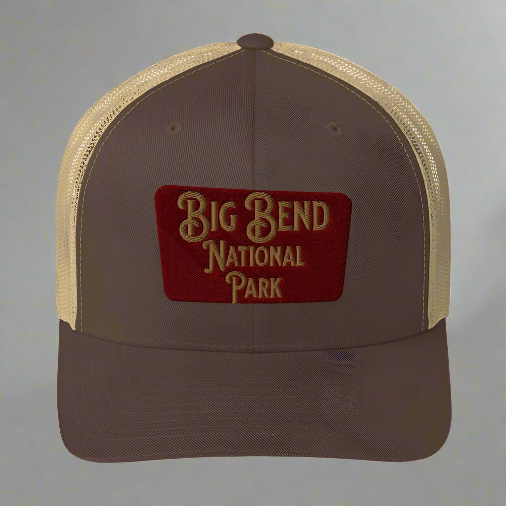 Big Bend embroidered National Park sign trucker hat shown from alternate product angle