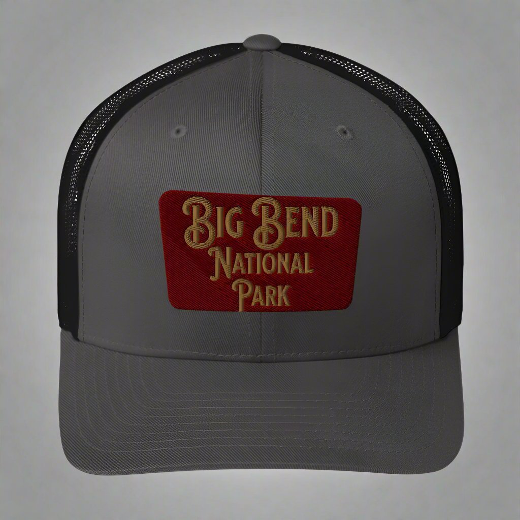 Big Bend embroidered National Park sign trucker hat shown from alternate product angle