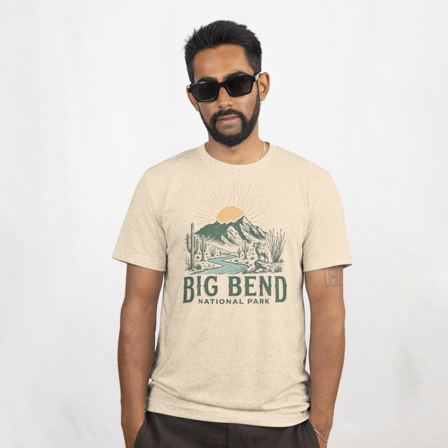 Big Bend National Park big horned graphic t-shirt shown in lifestyle or modeled setting
