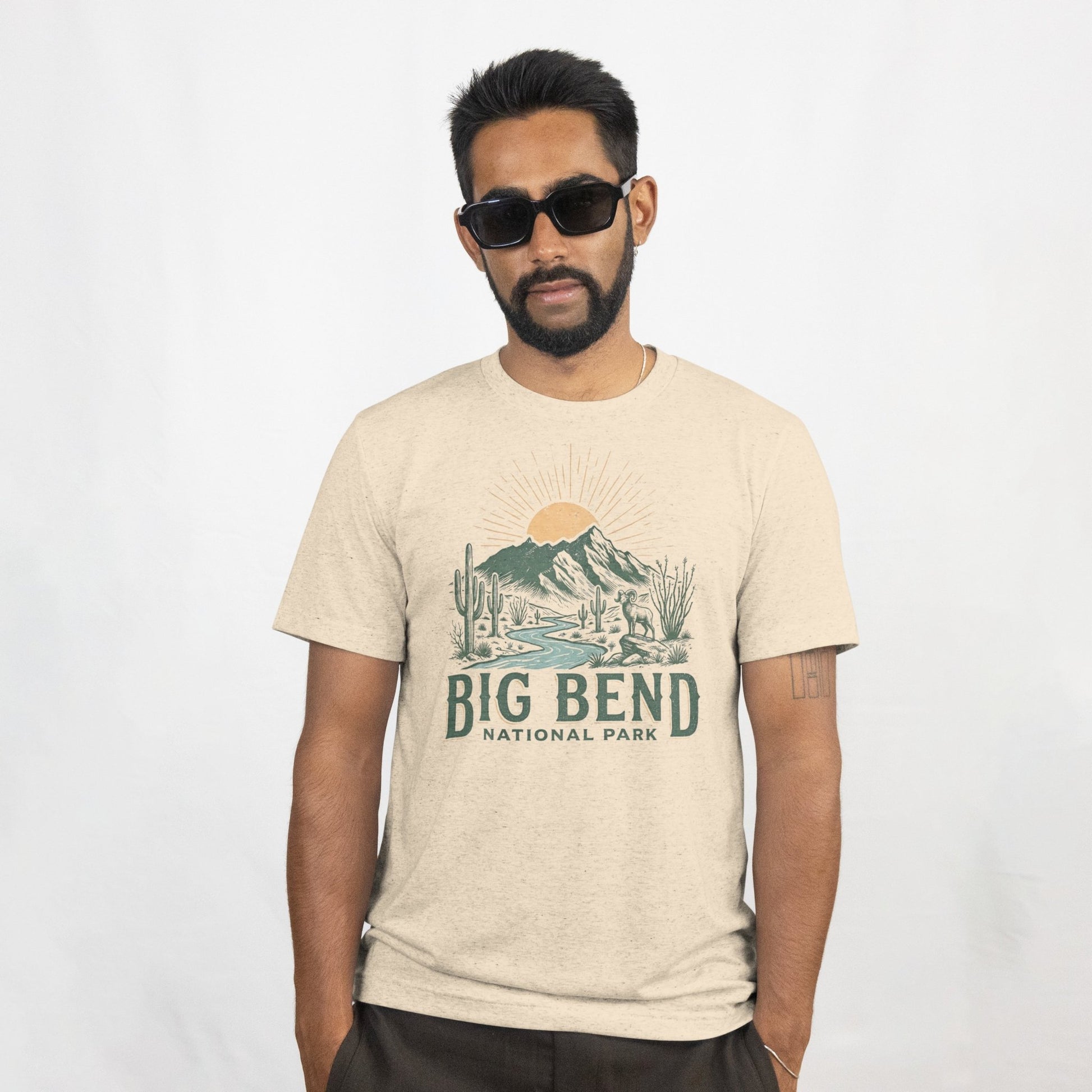 Big Bend National Park big horned graphic t-shirt shown in lifestyle or modeled setting