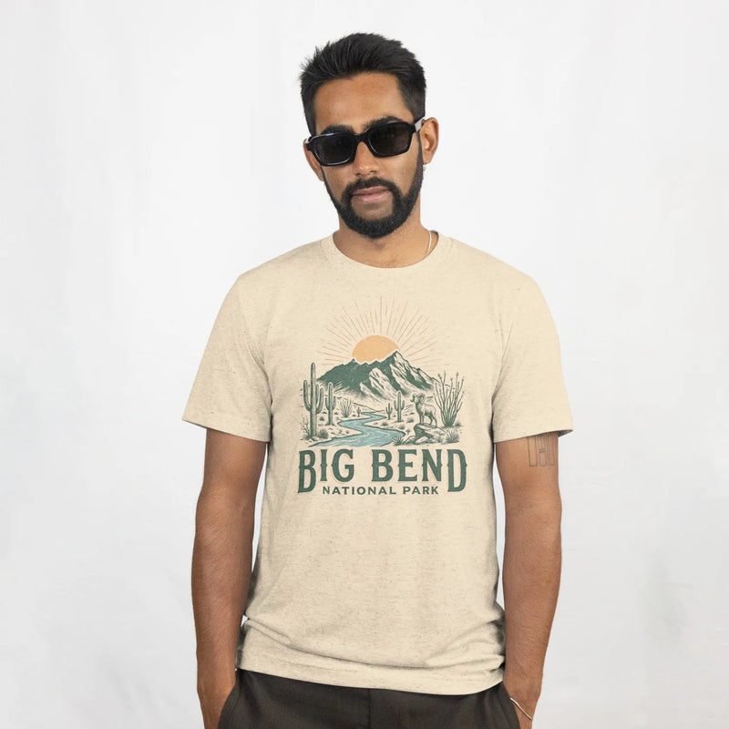 Big Bend National Park big horned graphic t-shirt shown in lifestyle or modeled setting